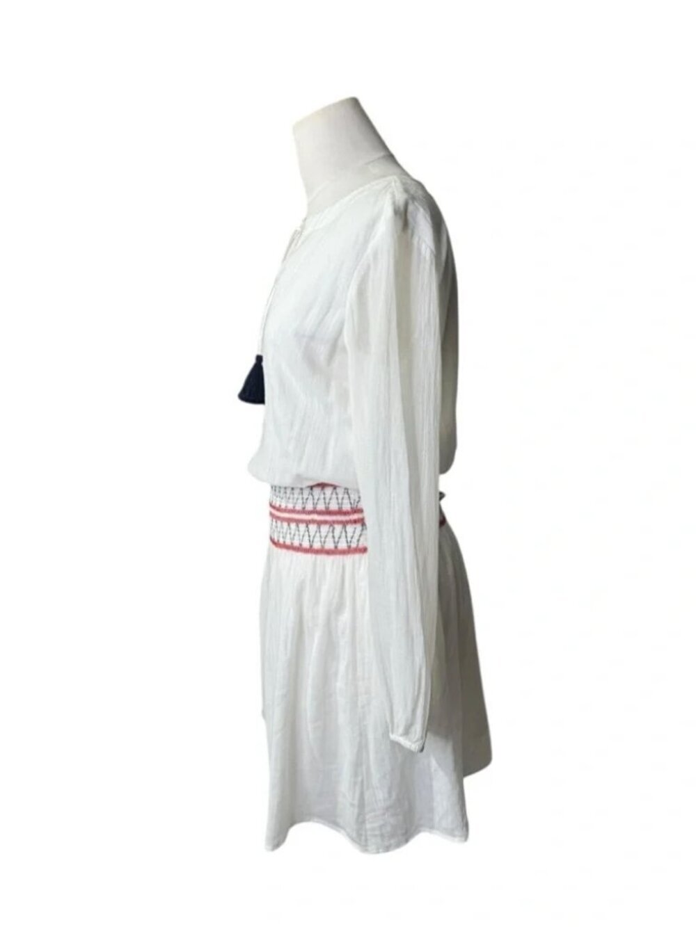 Sail to Sable White Boho Tassel Dress | Smocked Waist Long Sleeve Mini - Picture 4 of 10